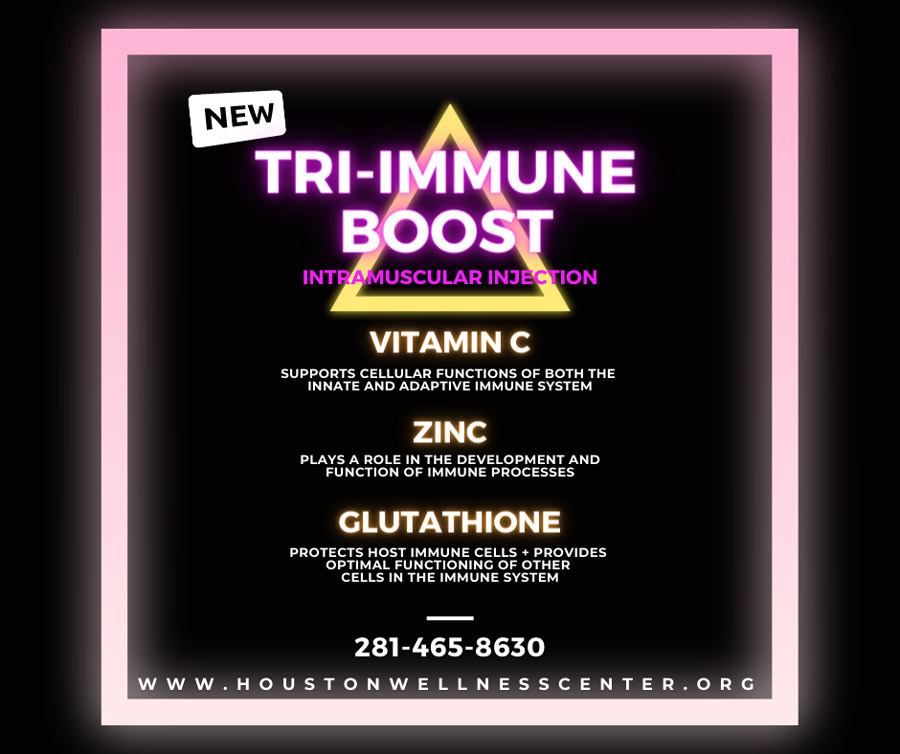 Tri-Immune Boost supplement image with various vitamins and nutrients. Tri-Immune Boost Supplement in The Woodlands, TX